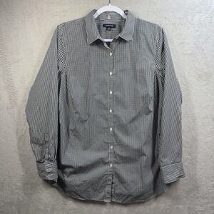 Lands'End Black Gingham Plaid Blouse Women's 16W Button Front Cotton